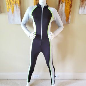 INC Bodycon Sexy Long Sleeve Neon Green Striped Color Block Zipper Jumpsuit SZ L